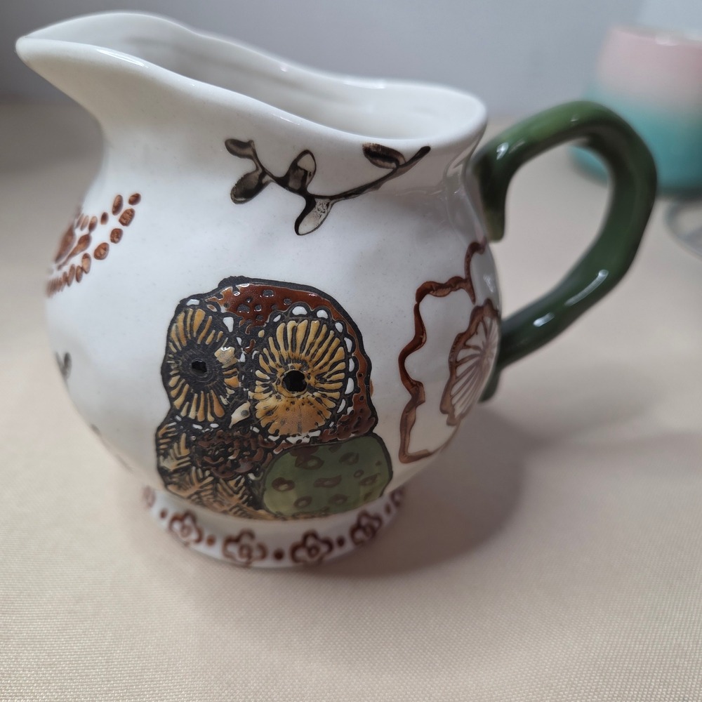 Dutch Wax‎ Floral Owl Handpainted Ceramic Creamer Pitcher Small Green Handle